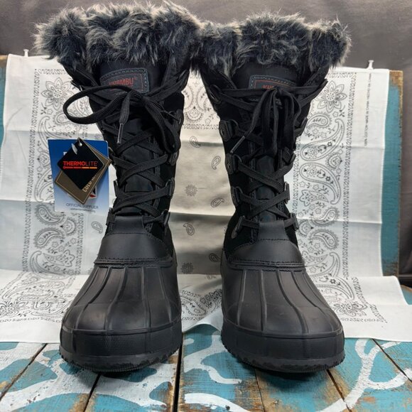 New Khombu Colby Tall Pac Boots Black Faux Fur Trim 3M Thermolite Womans Sz 10 - Picture 1 of 10